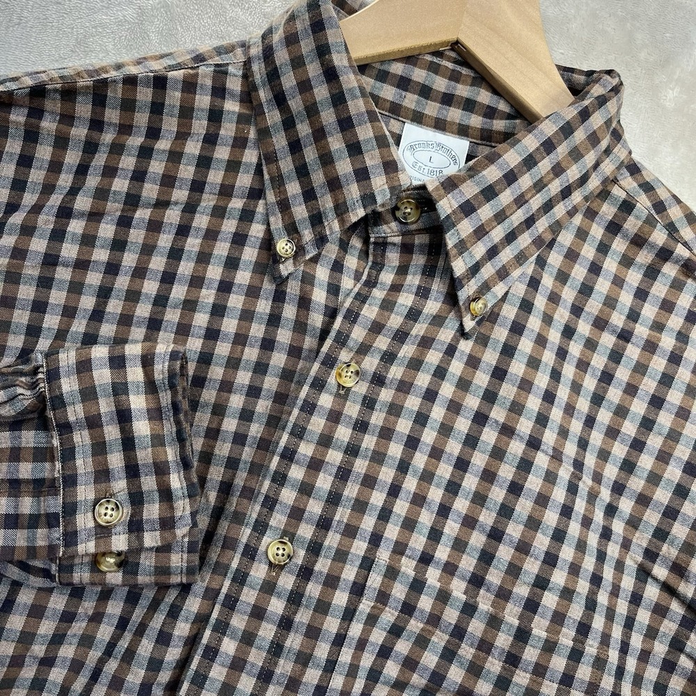 Brooks Brothers Shirt Mens Brooksflannel L Brown Plaid Cotton Wool